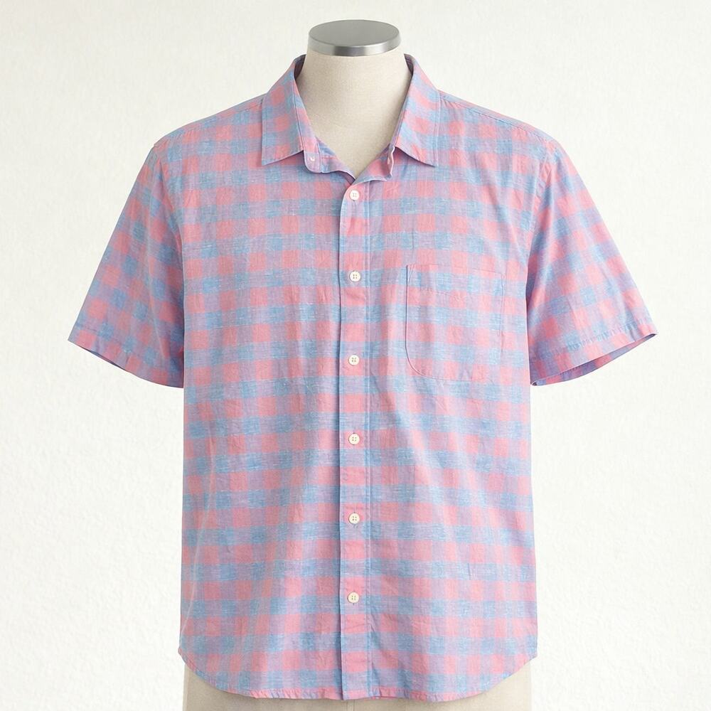 FaHerty Brand Mens Pink Blue Gingham Short Sleeve Button Down Shirt XL Beach